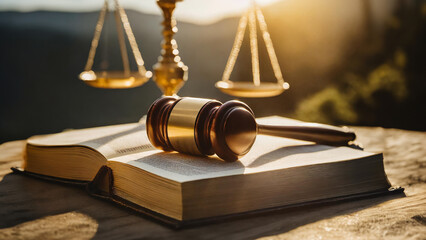 A gavel on an open book with scales in the background, bathed in sunlight, symbolizes justice - obrazy, fototapety, plakaty