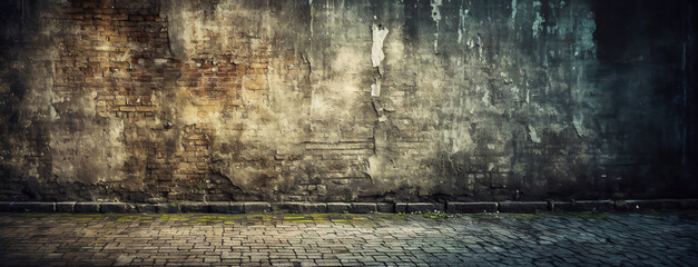 A weathered wall with peeling paint and exposed bricks above a cobblestone street, exuding an air of decay and time passage - obrazy, fototapety, plakaty