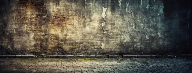 Fotobehang A weathered wall with peeling paint and exposed bricks above a cobblestone street, exuding an air of decay and time passage © homydesign