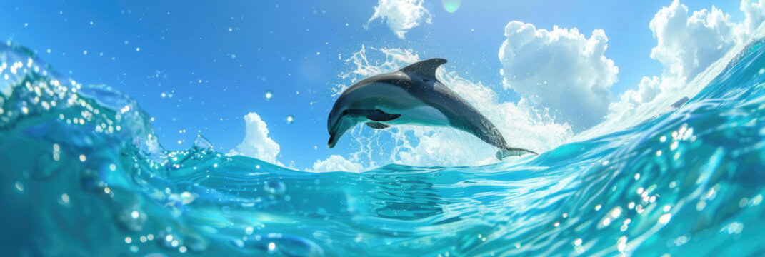 A dolphin leaps out of the water in a graceful arc, showcasing its agility and strength