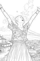 A woman stands triumphantly on a building with her arms raised in the air, overlooking the cityscape below