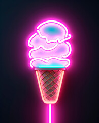 Bright sign board, neon emblem ice cream. Ice cream logo neon. 