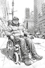 A detailed drawing of a man sitting in a wheelchair, captured in a realistic style