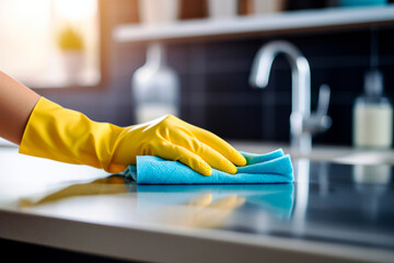 Hands of female cleaning lady in yellow gloves close-up. Housewife polishing a tabletop. Cleaning concept, room service.