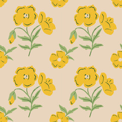 Yellow vintage textured flower seamless repeat pattern with tan background