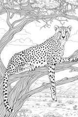 A cheetah perched on a tree branch in its natural habitat, observing its surroundings with a watchful gaze