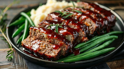 BBQ glazed meatloaf slices with mashed potatoes and green beans.