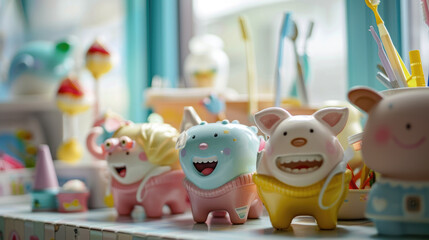 Obraz premium Collection of miniature toy animals, including lions, elephants, and giraffes, perched on a kitchen counter