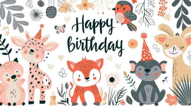 A festive birthday card featuring various animals and plants, celebrating a special day with colorful illustrations of natures wonders