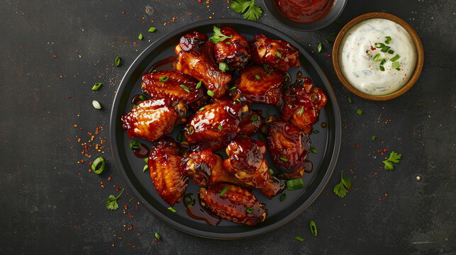 BBQ chicken wings with a sticky honey garlic glaze, served with ranch dressing.