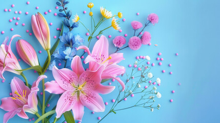 Artistic flat lay of pink lilies, blue flowers, and decorative balls on a pastel blue background.