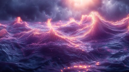 Fototapeta na wymiar Glowing purple waves against dark backdrop