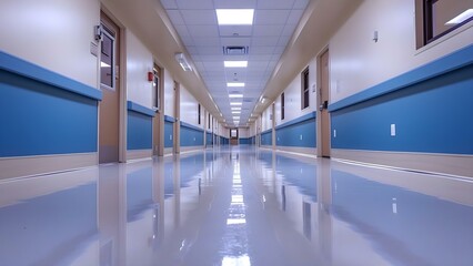 Welllit nursing home hallway is clean orderly and comforting with bright lighting. Concept Nursing Home Environment, Well-Lit Hallway, Comforting Atmosphere, Orderly Setting, Bright Lighting