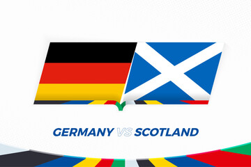 Germany vs Scotland in Football Competition, Group A. Versus icon on Football background. - 792107843