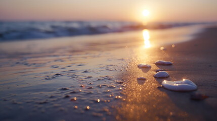 Smooth white pebbles form a line along a calm beach as the sun sets, casting a warm glow on the wet sand and gentle surf - Generative AI