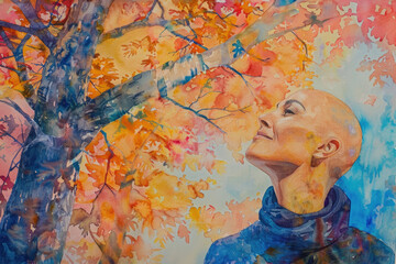 A painting depicting a man standing in front of a tree in a natural setting