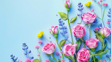 Elegant pink roses and blue lavender flowers arranged on a light blue background.