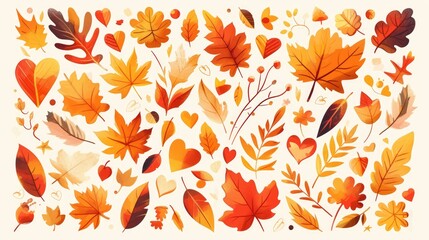 Obraz premium An autumn 2d pattern showcases orange maple leaves with a heart motif at its core set against a crisp white backdrop The design features falling leaves in a clean and charming cart