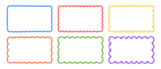 Set of colorful rectangle frames with wavy borders. Undulated rectangular shapes with blurry neon effect. Empty text box or web banner templates with soft gradient edges. Vector illustration.