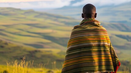 Unidentified backview of a Basotho man wearing traditional blanket in the Mountains of Lesotho

