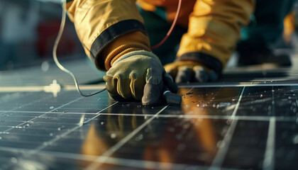 Technician carefully soldering solar panel components, precision in renewable energy sector