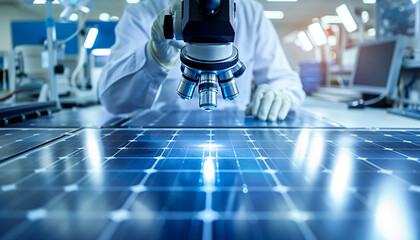 Scientist inspecting solar panels with a microscope, quality control in photovoltaic manufacturing