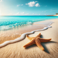 Fototapeta na wymiar Starfish Resting on Sandy Beach by the Ocean