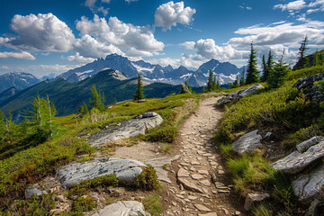 Rocky mountain terrain with winding hiking trails and panoramic vistas