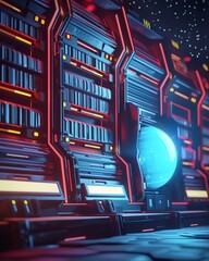 Obraz premium A library orbited a distant star, its shelves overflowing with the collected knowledge of a thousand dead civilizations