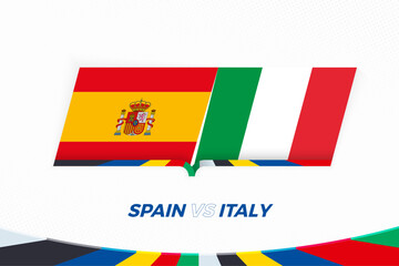 Spain vs Italy in Football Competition, Group B. Versus icon on Football background. - 792108269