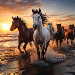 Obraz na płótnie Canvas A herd of horses on the seashore at sunrise