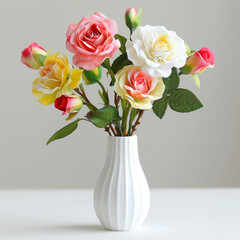 A vibrant mix of yellow, pink, and white roses in a textured white vase, minimalist style.