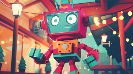 A mischievous robot decorated its workshop with blinking lights and whirring gears, building fantastical metal toys for children across the galaxy this Christmas - obrazy, fototapety, plakaty