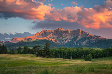 Rocky peaks bathed in the warm hues of a summer sunset