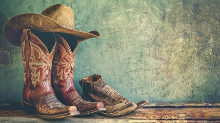 Wild West retro leather cowboy hat and old boots. Vintage style filtered photo

 - obrazy, fototapety, plakaty