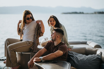 Three friends share laughter and conversation on a boat, basking in the warm sunshine while floating on a peaceful lake, enjoying a perfect weekend getaway.