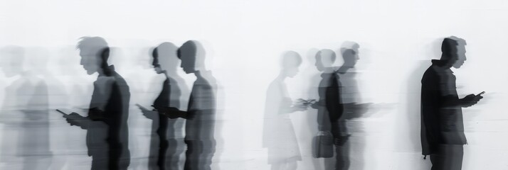 a long exposure photograph of multiple people looking at their smartphones, motion blur