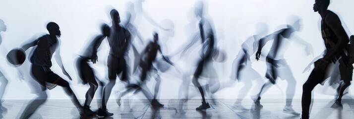 a long exposure photograph of multiple people basketball players, motion blur