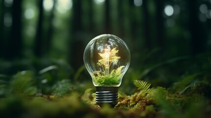 renewable energy light bulb with green energy, Earth Day or environment protection Hands protect forests that grow on the ground and help save the world.