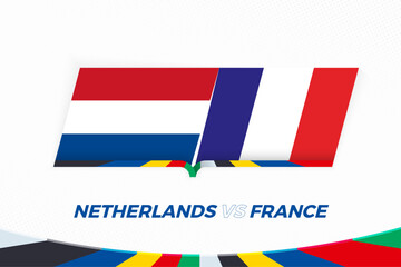 Netherlands vs France in Football Competition, Group D. Versus icon on Football background. - 792109869