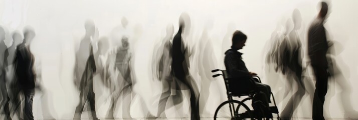 a long exposure photograph of multiple disabled people, motion blur