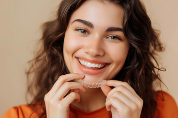 Close up cropped young woman wear orange shirt casual clothes hold in hand invisible transparent aligners, invisalign bracer smile isolated on plain pastel light beige background. Lifestyle concept.