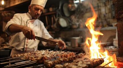 A chef is making Seekh Kabab over flame created from burning coal.

