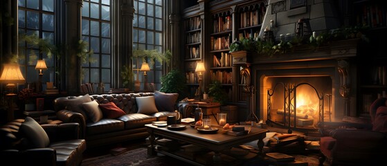 Interior of a room with a fireplace. Panoramic image