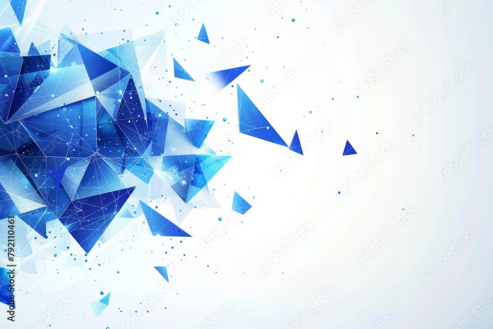 Poster abstract background with blue triangles and flying particles on a white background generative ai