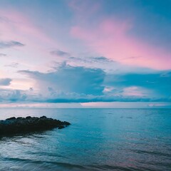 Fototapeta premium The Enchanting Blend of Blue Sea and Pink Sky
