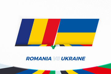 Romania vs Ukraine in Football Competition, Group E. Versus icon on Football background. - 792110433