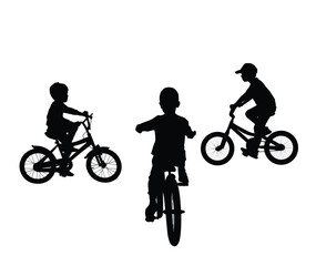 Little boys riding bicycle vector silhouette illustration isolated. Kids enjoy in ride bike. Active children drive outdoor. Summer leisure time. Happy boys friends and brothers. Son birthday gift toy.
