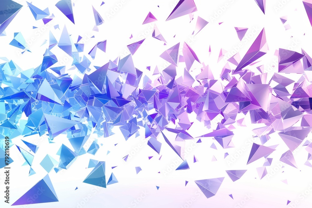 Poster blue and purple triangles flying in the air against a white background tech elements in the style of