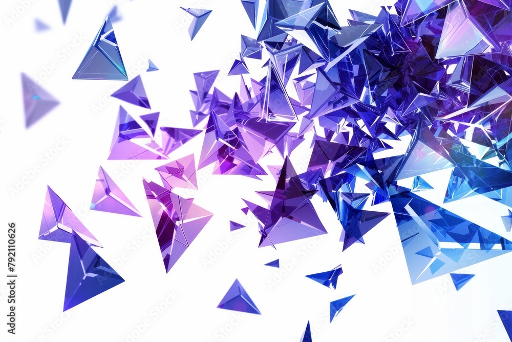 Poster blue and purple triangles flying in the air against a white background tech elements in the style of